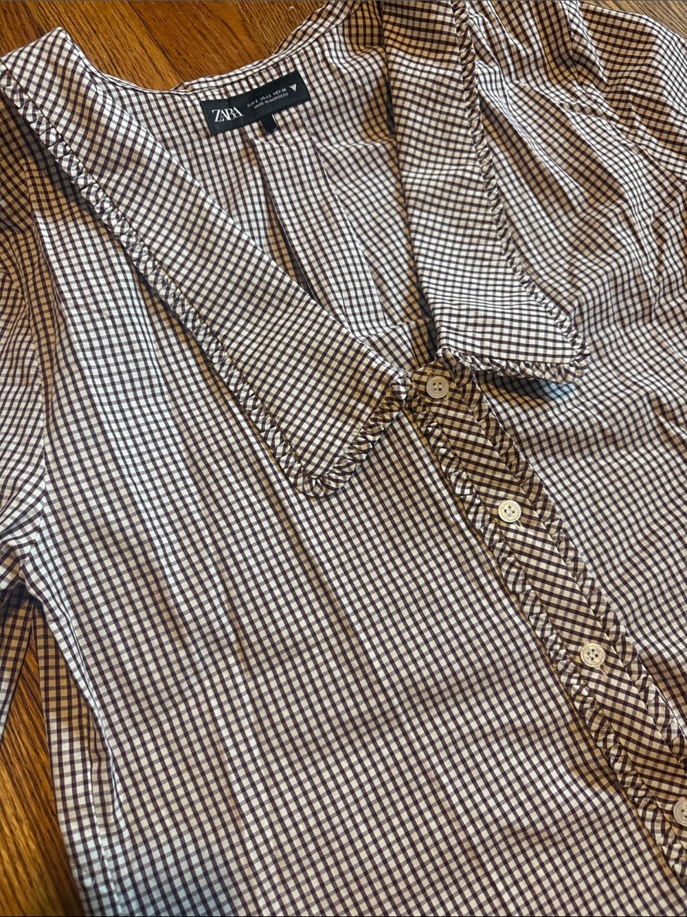 Zara Brown and White Gingham Button-Up Shirt